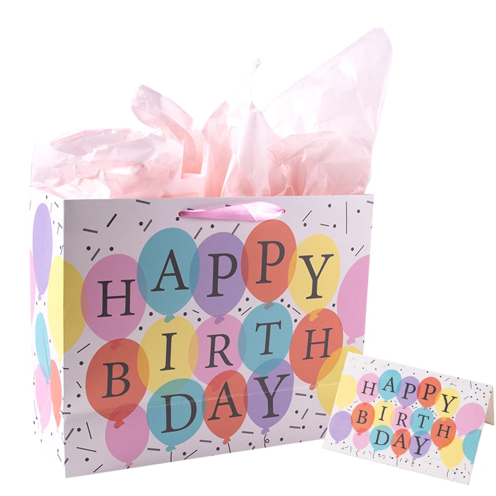 

Large Happy Birthday Gift Bag with Greeting Card and Tissue Paper for Kid Girl Birthday Party Packing Box Wrapping Bag Supplies