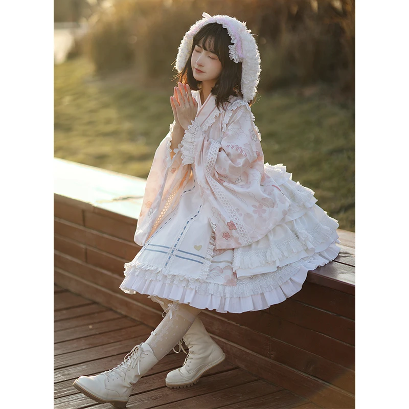 Japanese Wagashi Lolita OP Dresses Sweet Girls Cute Teens Ruffles Floral Print V-Neck Knee Length Removable Girdle Cosplay Party