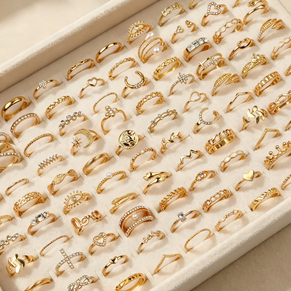 30/50/100Pcs/Lots Trendy Rhinestone Hollow Rings Set For Women Stackable Imitation Pearl Flower Mix Elegant Jewelry Daily Gifts
