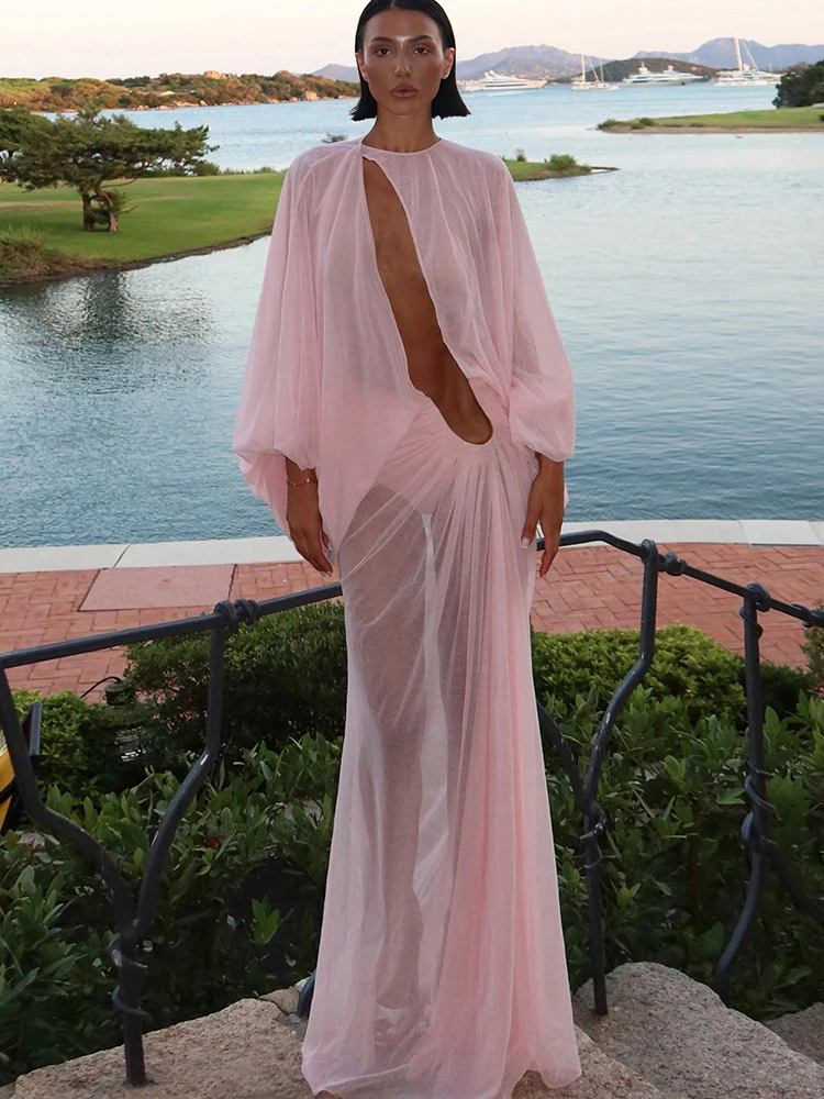 Weird Puss Sexy See Through Dress Women Fashion Simple Hollow Ruched Lantern Sleeve Patchwork Elegant Vacation Party Clubwear