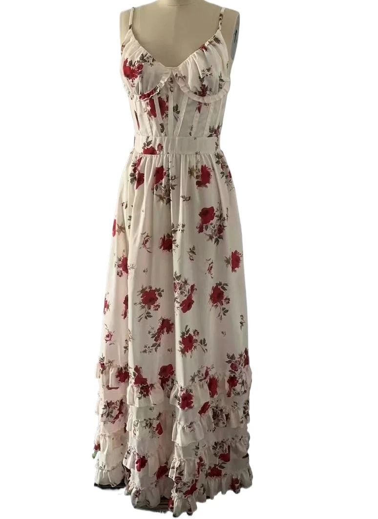 

Sexy V-neck Spaghetti Straps High Split Floral Tiers Print Long Party Dress