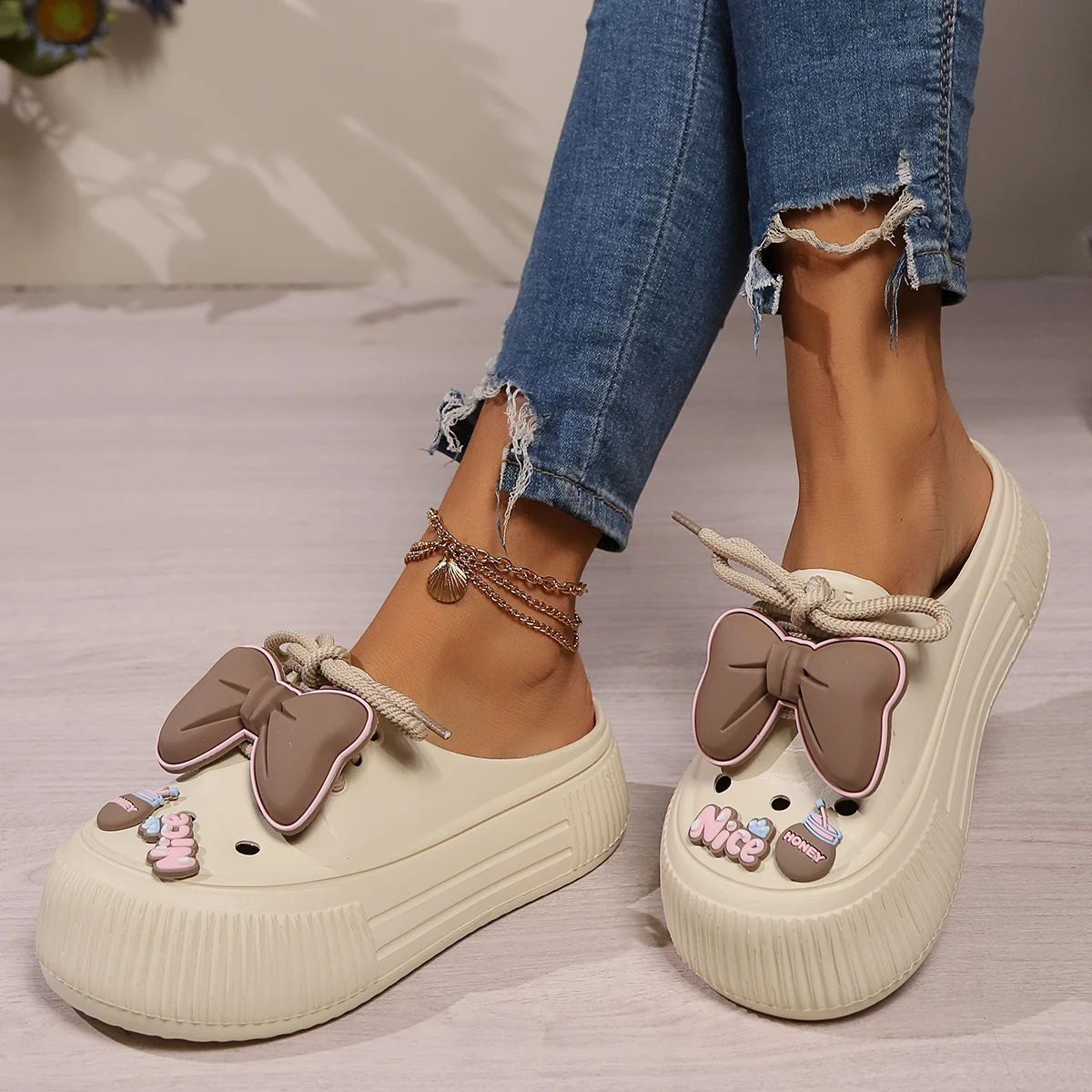 Summer Women Slippers Platform Bow Decoration Clogs Garden Shoes Comfortable Beach Sandal Chunky Slippers Soft Slides For Female