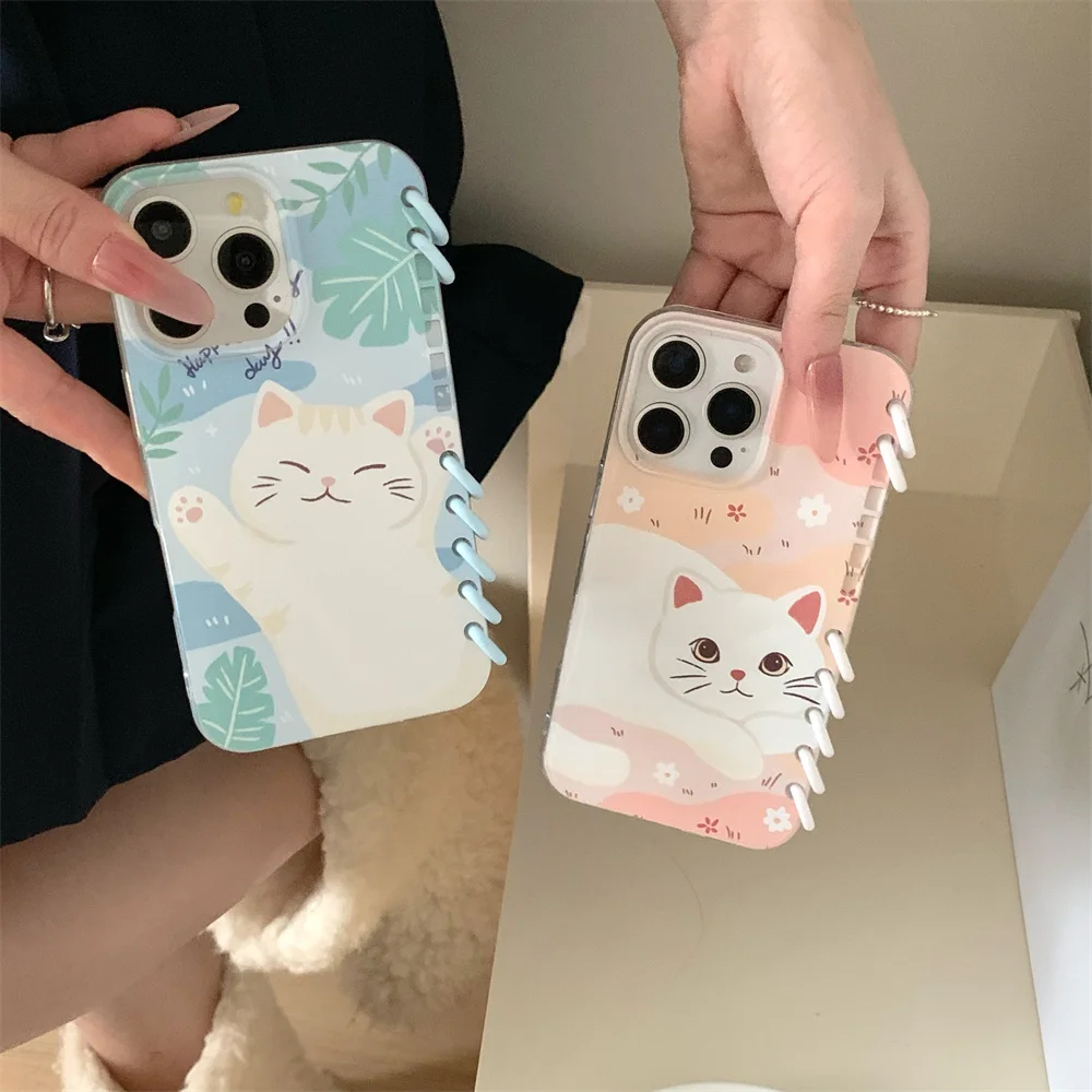 Cute Cat Spiral Notebook Style Flip Phone Case For iPhone 16 Pro Max 15 14 13 Crad Slot Holder Stand PU Leather Shockprrof Cover