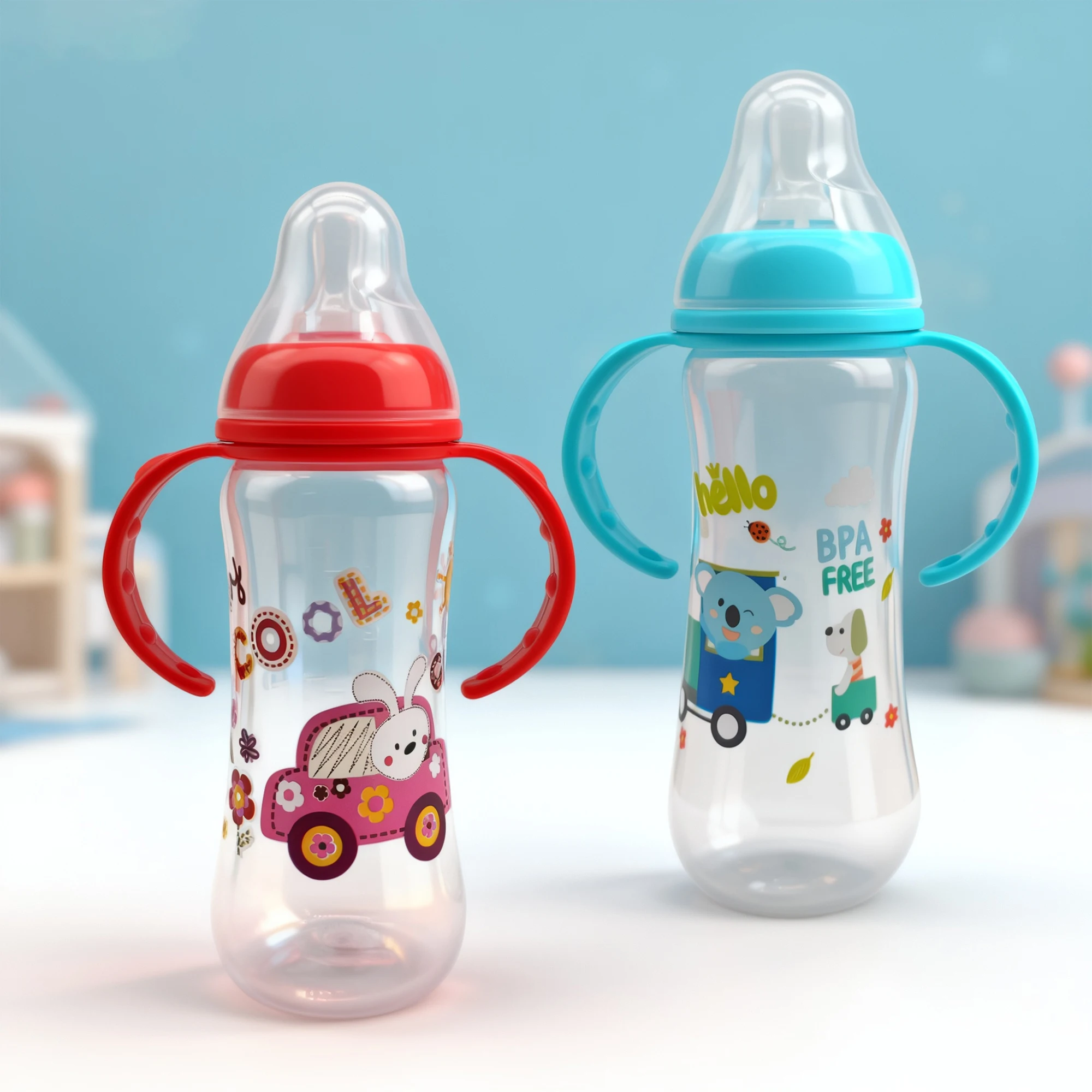 

250ml 0-3 years old baby cartoon random pattern bottle with handle, cartoon animal random pattern, safe material Birthday gift