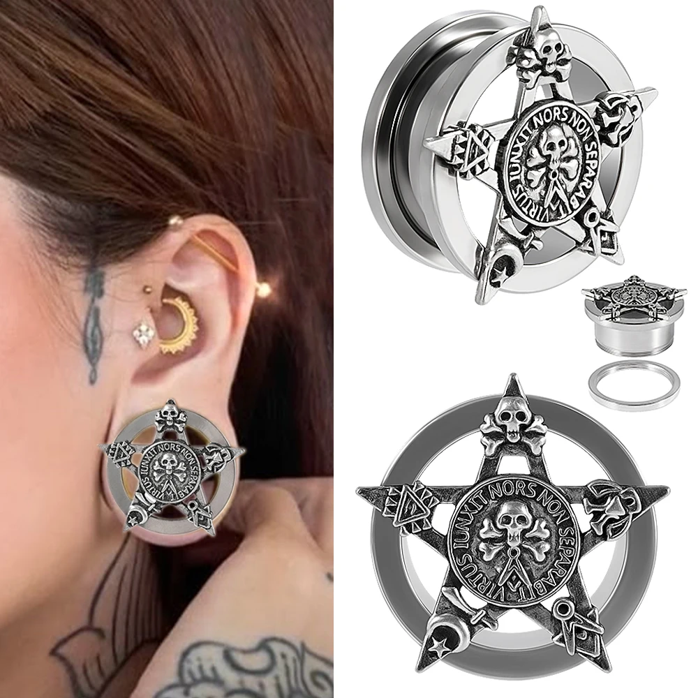 1-2PCS Punk Skull Pentagram Ear Plugs Tunnels Expander Stainless Steel Earlobe Tunnels Stretcher Earrings Ear Gauges Piercing