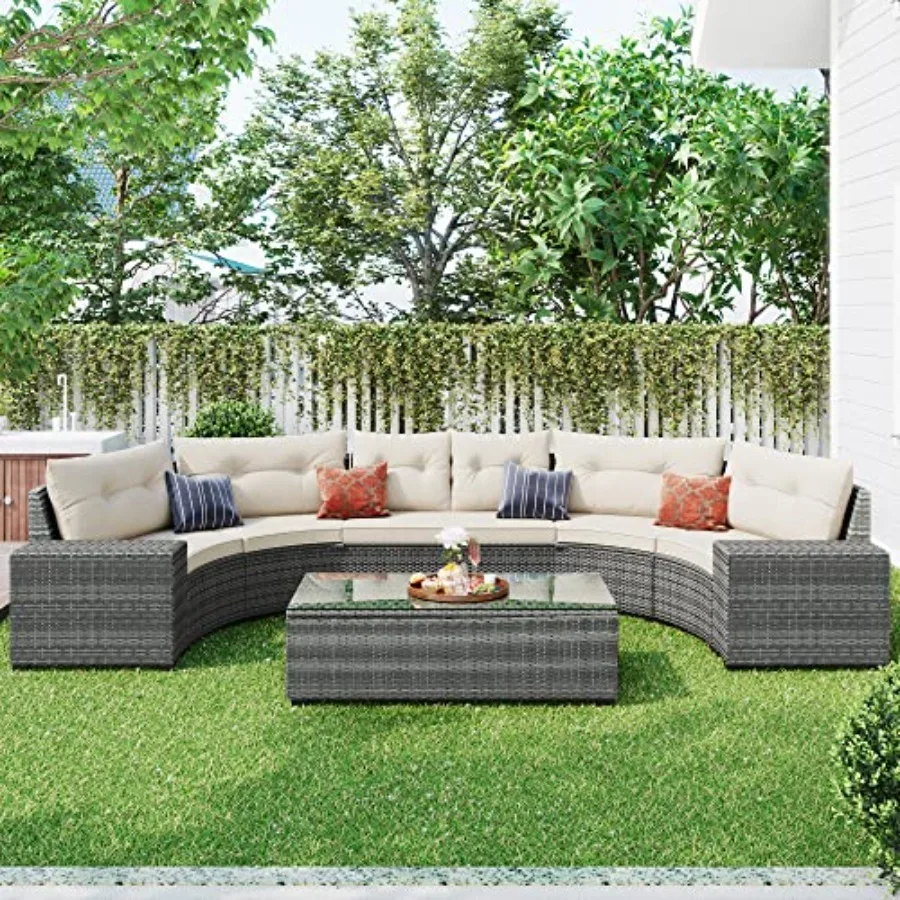 

8-Pieces Outdoor Wicker Round Sectional Curved Sofa Set with Rectangular Coffee Table, PE Rattan Water-Resistant and UV Protect