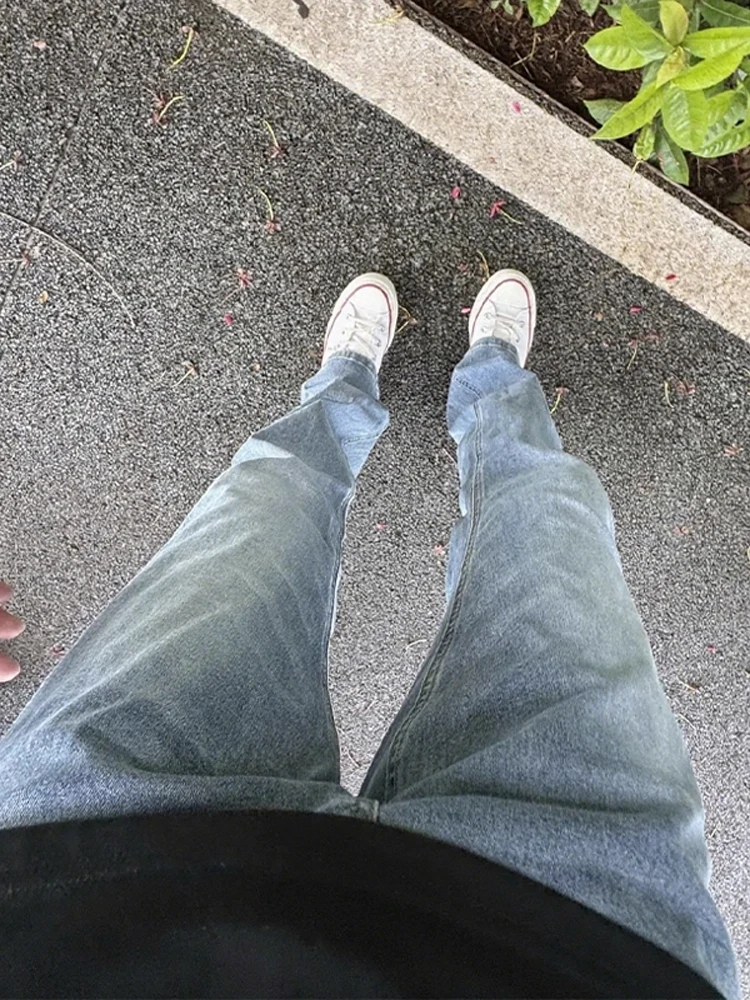 

Cleanfit High Waist Straight Leg Blue Jeans Men's Retro American Vibe Waed out Slim Fit Jeans Teenage Wear Casual Denim