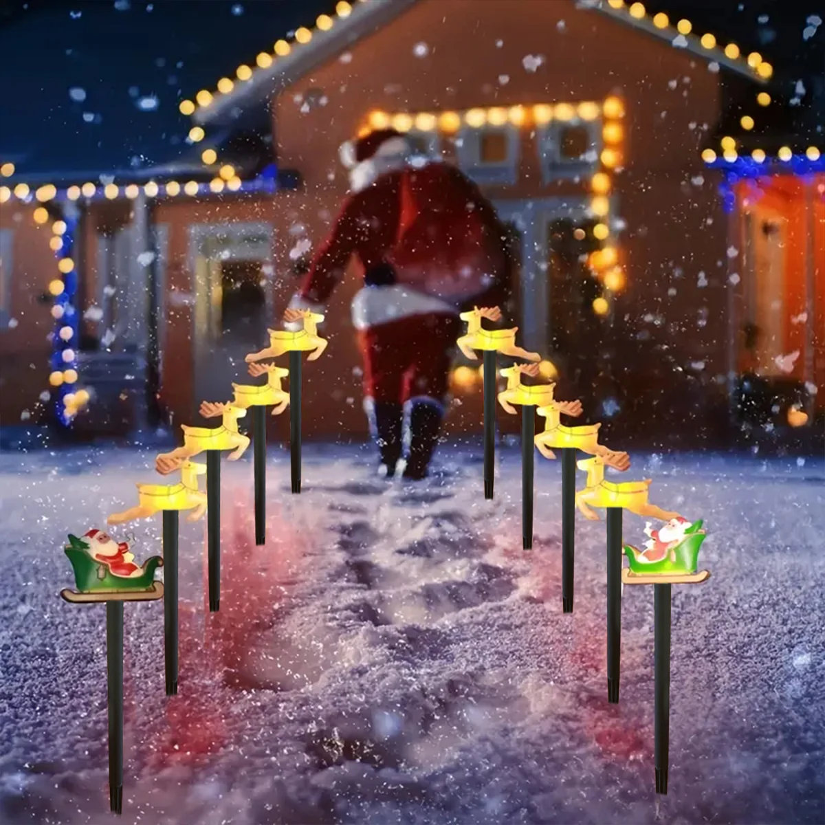5 pz/set luci solari del percorso di Babbo Natale e cervo di Natale con 8 modalità luci da palo da giardino per la decorazione del portico del prato del cortile della passerella di casa
