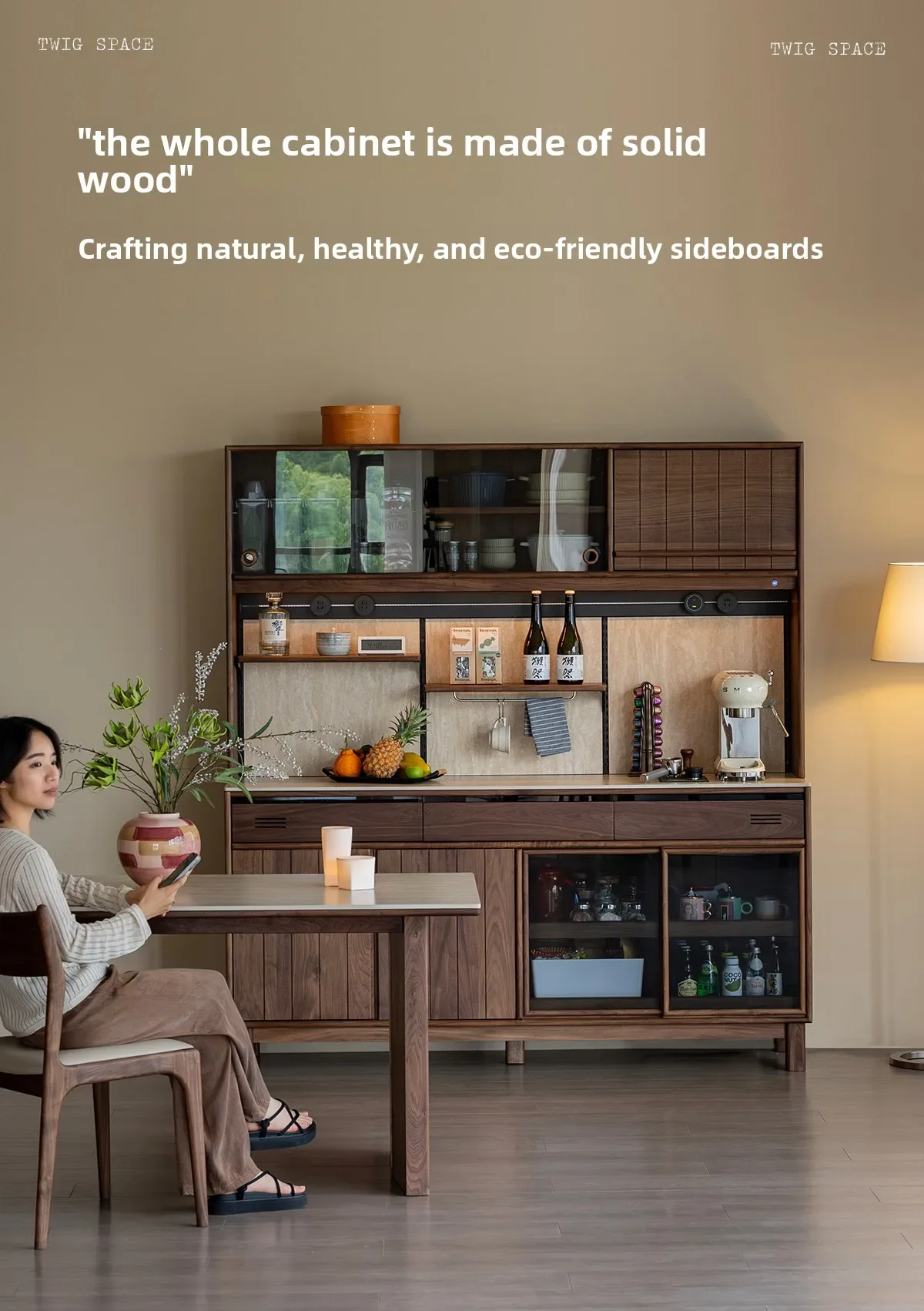 DAS side cabinet, all solid wood rock slab against the wall, integrated travertine cabinet, storage, tea and wine cabinet