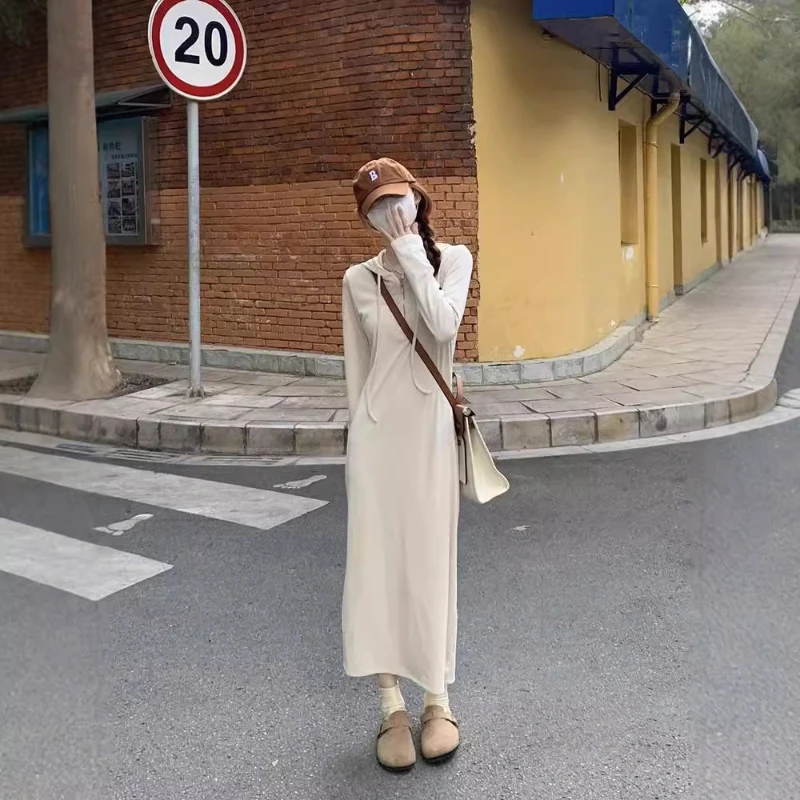 

2024 Spring Fall Simple Casual Solid Knitwear Dresses Women Hooded Long Sleeve Loose Dress Korean Trendy Harajuku Female Clothes