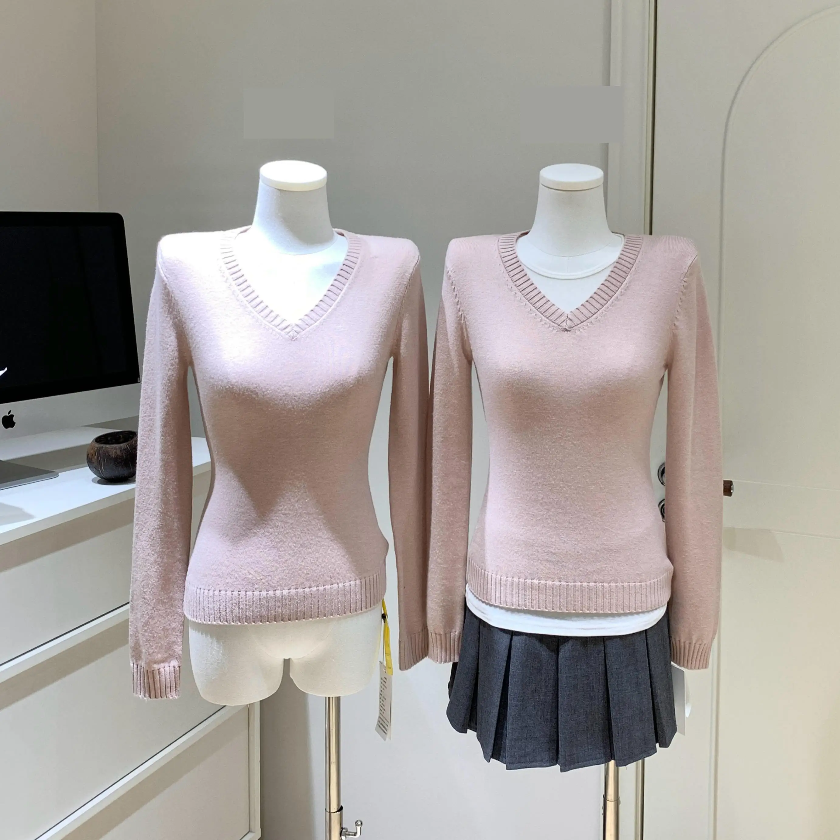 Women's Autumn Winter Elegant V Neck Slim Solid Color Sweater Lady Long Sleeve Pullover Basic Jumper Top