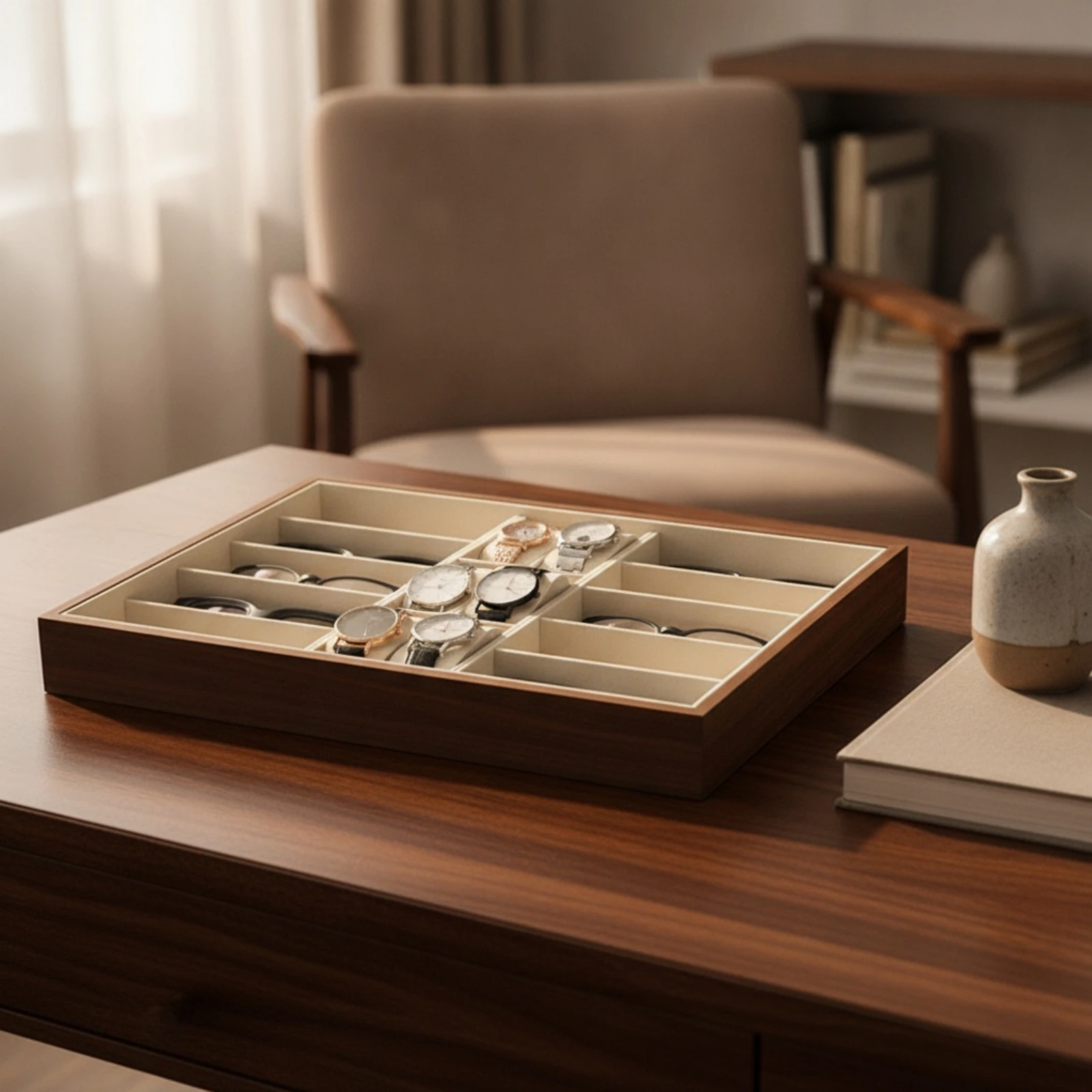 Wooden Tray with Compartments Partitioned Valet Tray Organizer Compact Sophisticated for Vanity, Desktop