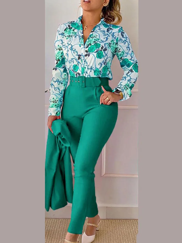 Autumn Women's Print Long Sleeved Shirt Suit Summer Slim High Waist Lace Up Elegant Female Office Pencil Pants Two Piece Set