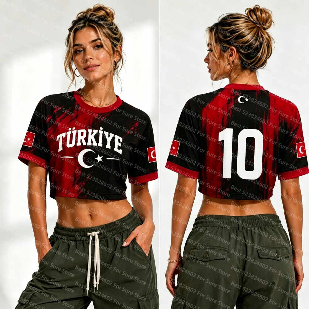 Women Turkey Türkiye 10 Football Crop Tops T-Shirt Y2K Sport Jersey Print Short Sleeve Cropped Tee Summer Casual Streetwear