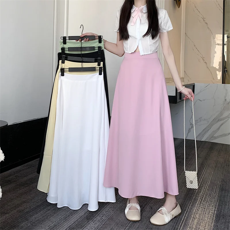 

Basic Solid Spring Summer A-line Long Skirts Womens Korean Style High Waist Big Swing Suit Skirt Black White Green Purple Yellow