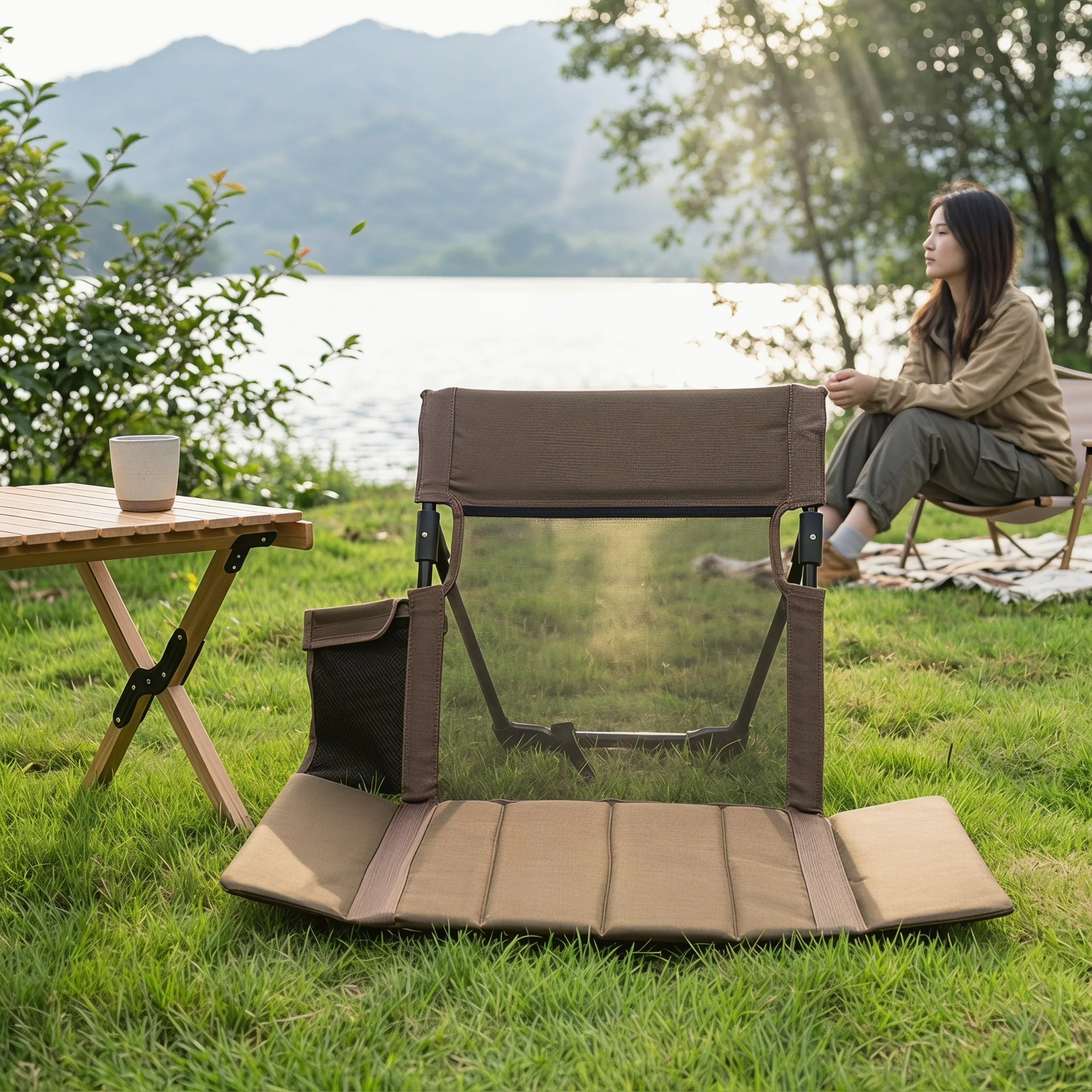 Outdoor camping folding lazy chair beach garden recliner breathable leisure chair mesh floor mat lawn chair