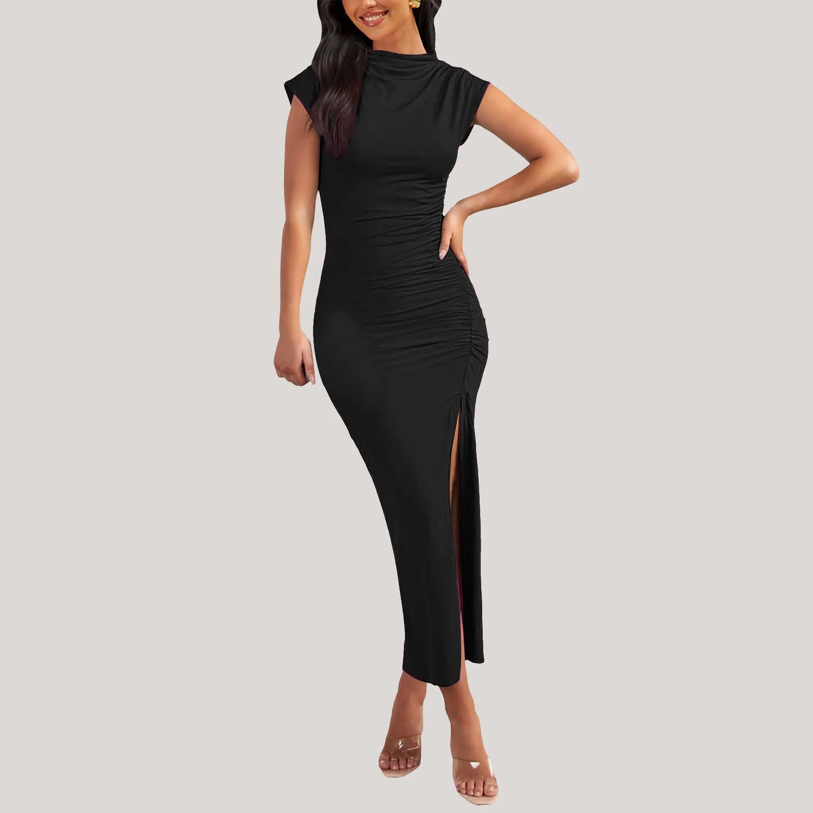 

High Slit Ruched Sexy Bodycon Dresses Cap Sleeve Mock Neck Women'S Midi Dress Elegant Slim Cocktail Party Evening Long Gowns