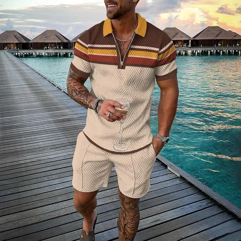 

Men's Suit Zipper Polo Shirt Shorts Pants FashionTwo Piece Set Coconut Tree Stripe 3D Print Casual Men Clothing Tracksuit Set