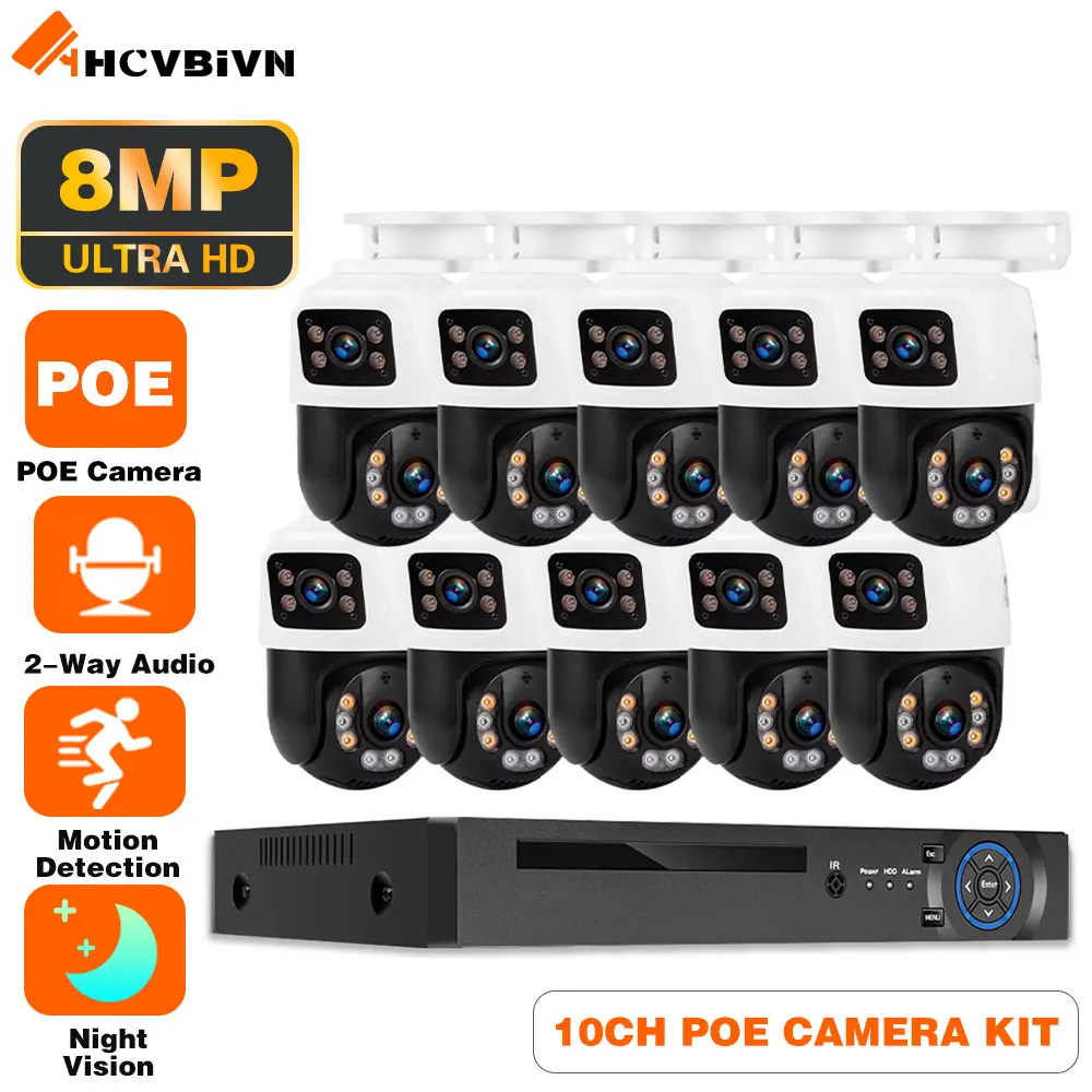 

H.265 10-канальный комплект POE NVR для улицы, водонепроницаемая, с двумя объективами, POE PTZ, IP-камера, система безопасности, 2-стороннее аудио, 4K, комплект видеонаблюдения