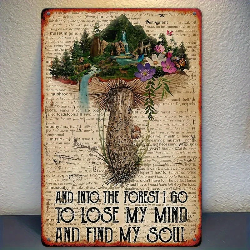 PUDRAW 2D Floral Mushroom Garden Metal Sign, Retro Wall Decor 8x12 Inch, Rustic Indoor Outdoor Home Art
