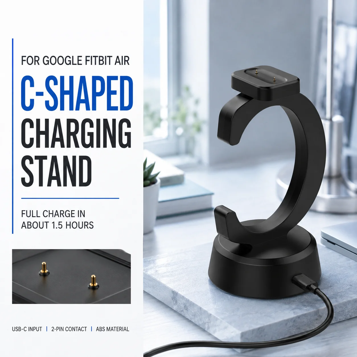 Charging Dock for Google Fitbit Air C-Shaped Charger Stand 2-Pin Charging Cradle USB Replacement Charger Base with Cable
