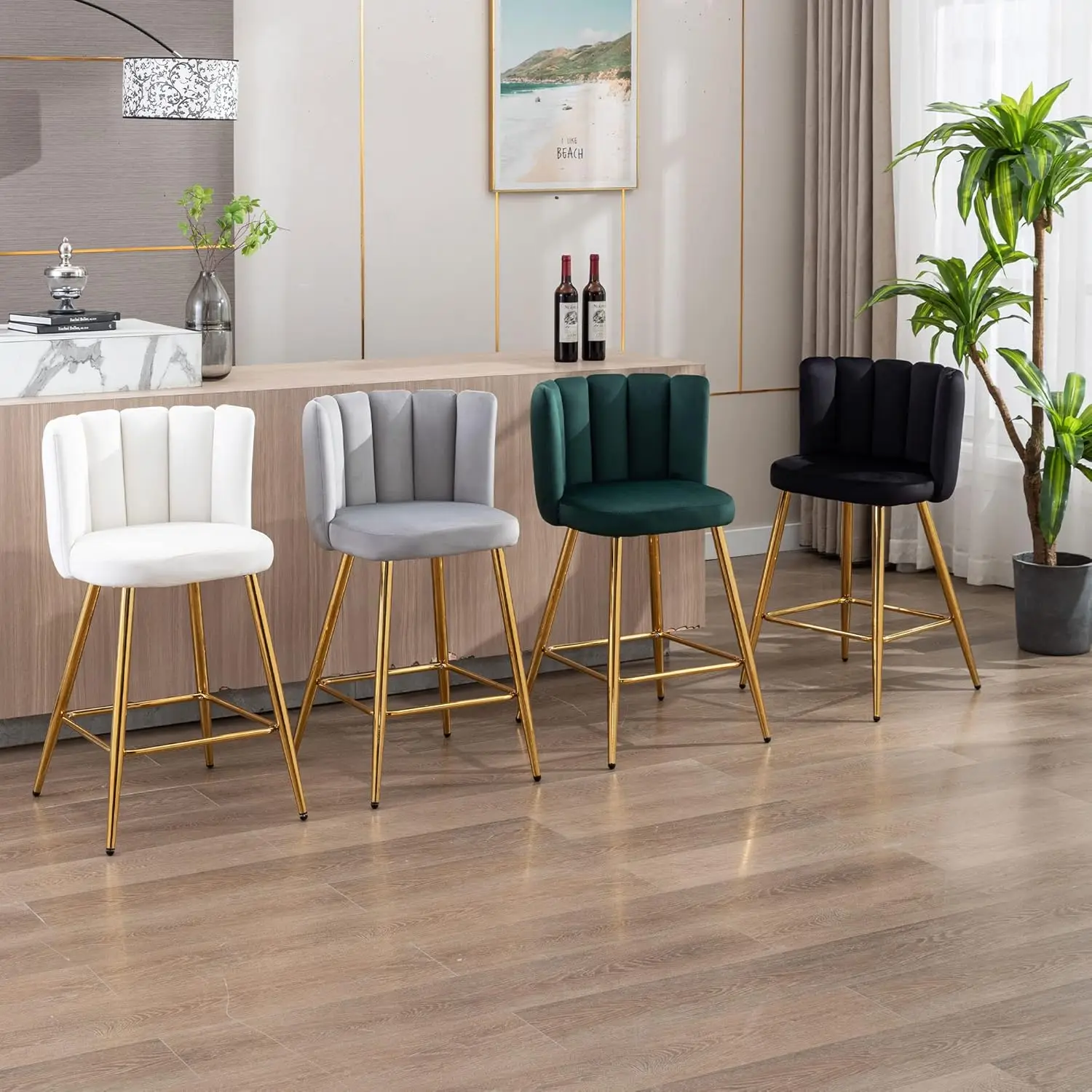 Velvet 26" Counter Height Barstools Set of 4 Modern Kitchen Stools Upholstered Bar Stool Chairs with Gold Metal Legs for Kitchen