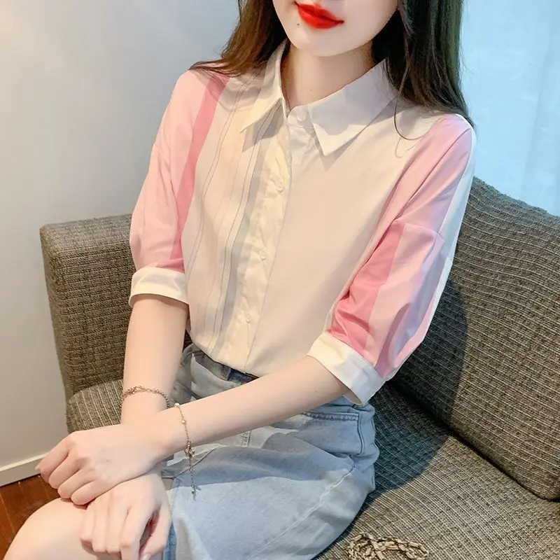 Fashion Korean Summer New Blouses Spliced Striped Loose All-match Casual Half Sleeve Polo Neck Single-breasted Women Shirts Tops