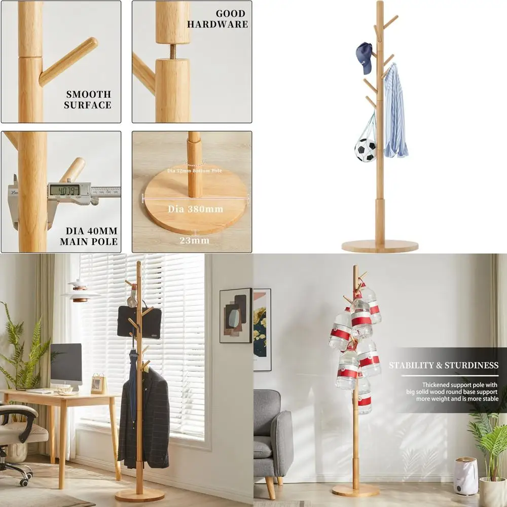 

8-Hook Wooden Coat Stand with Adjustable Height, Durable and Easy Assembly for Home or Office Entryway - Natural Finish YD-1010