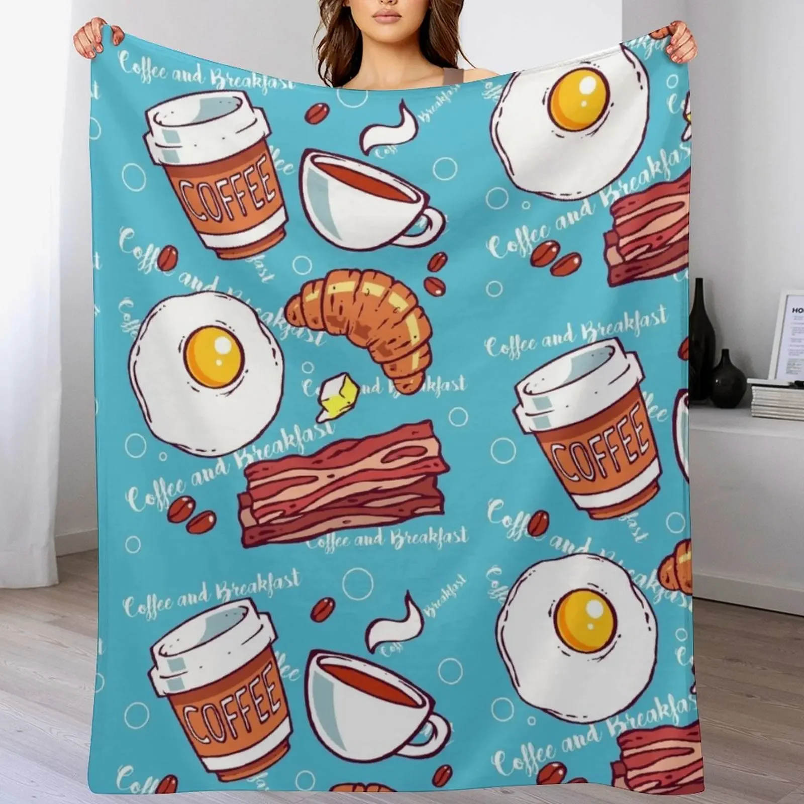 The perfect Coffee Breakfast with Bacon and Sunny side up Throw Blanket Decorative Soft Throw Blanket for Couch Sofa
