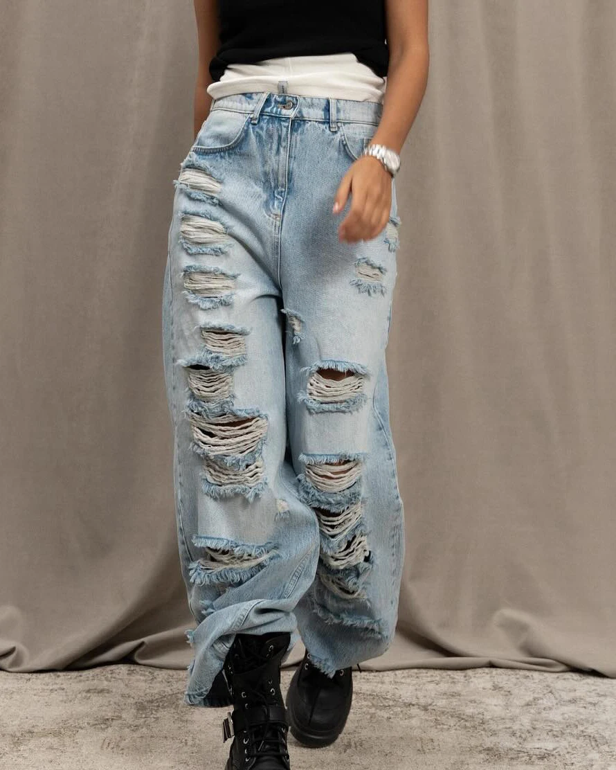 

Y2K street distressed jeans style loose casual drape long wide leg pants women's ripped jeans New 2024