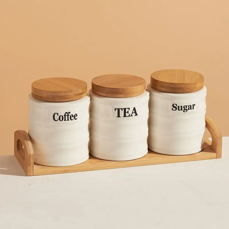

Набор из 3 керамических банок для хранения с бамбуковыми крышками для кофе, сахара, чая - Герметичные контейнеры и органайзеры для кухни - Принадлежности для домашней выпечки