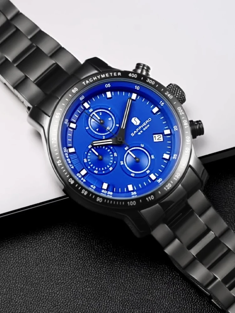 SAPPHERO Watch Men Luxury Fashion Chronograph Waterproof Luminous Date Stainless Steel Quartz Watch Man Clock Reloj