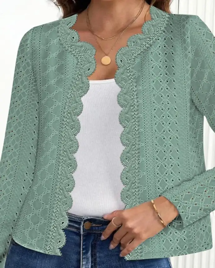 Women's Top Autumn/winter 2025 Floral Print Open Front Long Sleeve Casual Contrast Lace Short Cardigan