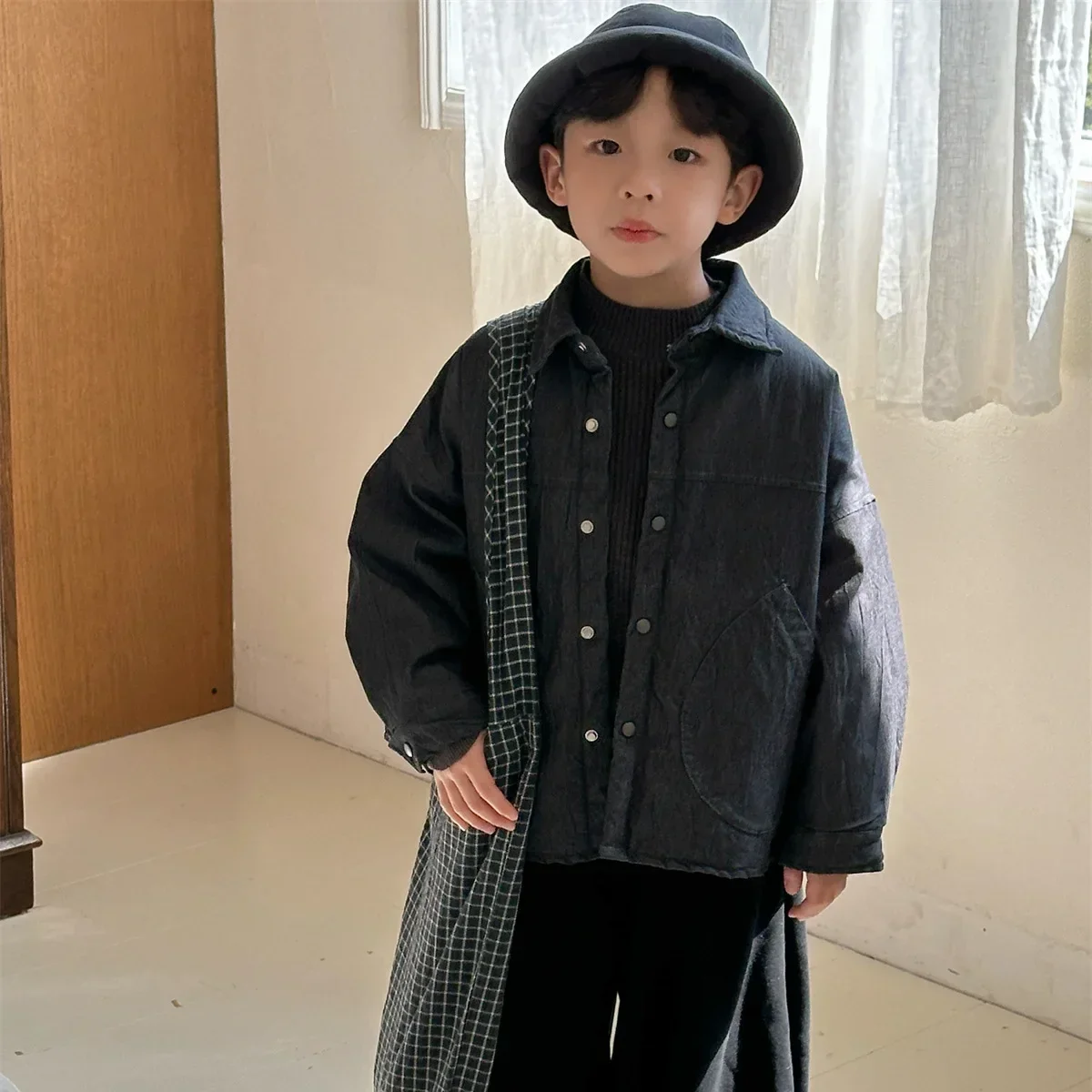 

Children Clothes Boys Cotton Padded Shirt Coat 2024 Winter Thermal New Fashionable Solid Color Warm Kids Casual Coat Trend