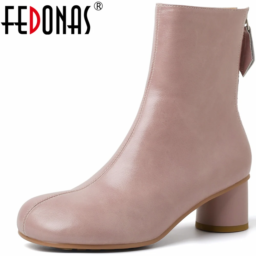 

FEDONAS Newest Concise Women Ankle Boots Round Heeled Back Zipper Genuine Leather Basic Spring Autumn Four Season Shoes Woman