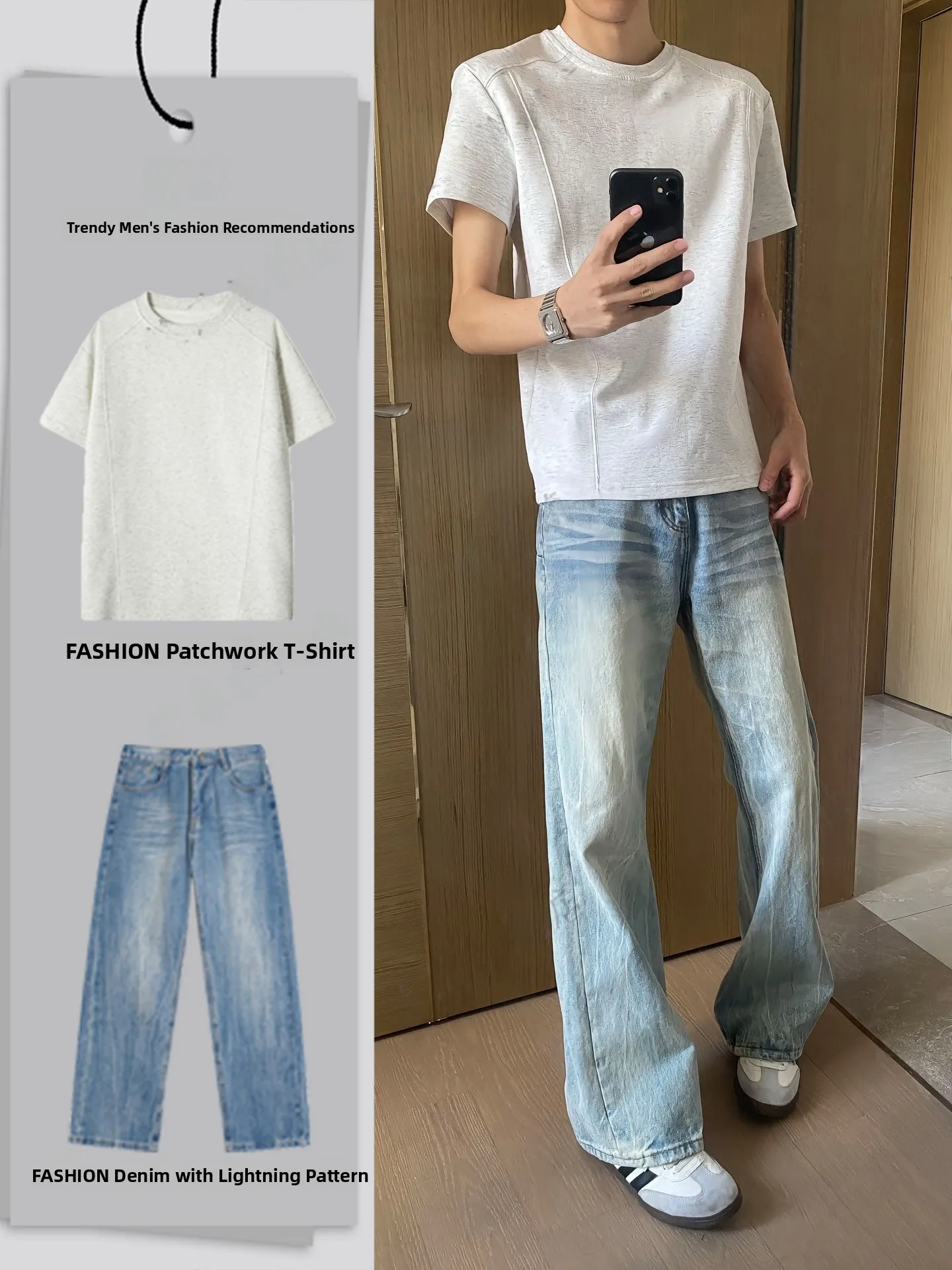 

Light Blue Loose Men's Jeans orts Sve T-irt Set High Waist Bell Bot Spliced Summer Outfit Two Piece Set Faionable
