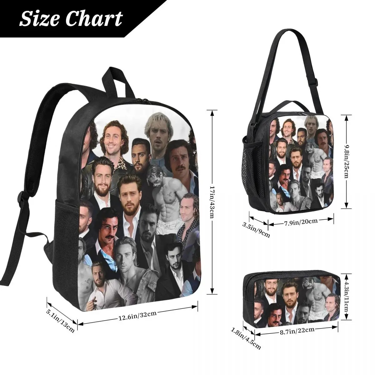 Aaron-taylor Johnson Photo Collage Backpack Student BookBag School Bag Laptop Shoulder Bags 3ps Insulated Lunch Bag Pencil Case