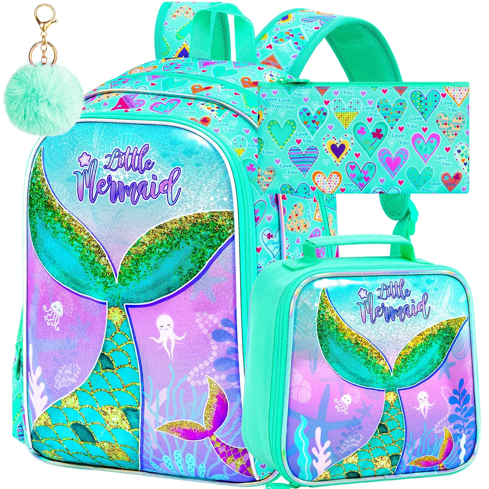 

Набор из 3 рюкзаков «Русалочка» для девочек, 16-дюймовый детский рюкзак с рыбьим хвостом и ланч-боксом, милый школьный ранец для дошкольников и малышей