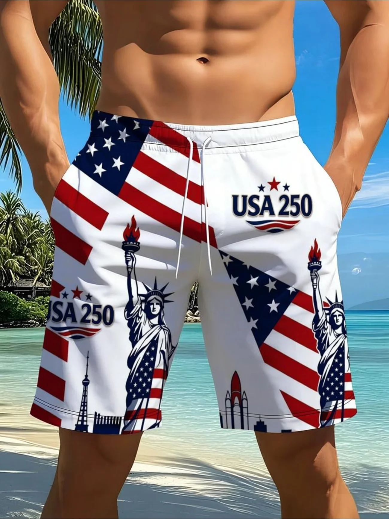 Men's Casual Fashion Digital Print Quick-Dry Shorts Pools Gyms Outdoor Sports Activities USA 250 American Style Seaside Beaches