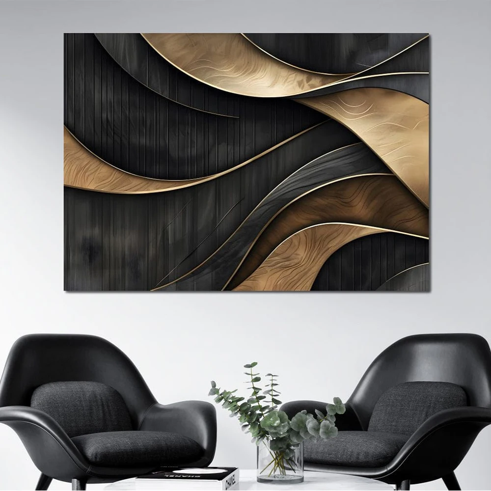 Modern Luxury Pop Art Posters Print 3D Abstract Black And Gold Visual Staggered Aesthetic Canvas Painting Office Cafe Home De