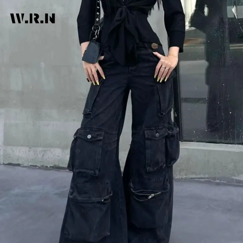 

Casual Retro Pockets Dark Goth Emo Denim Trouser 2025 Summer Women's Punk Solid Loose Jeans High Waist Y2K 2000s Black Pants
