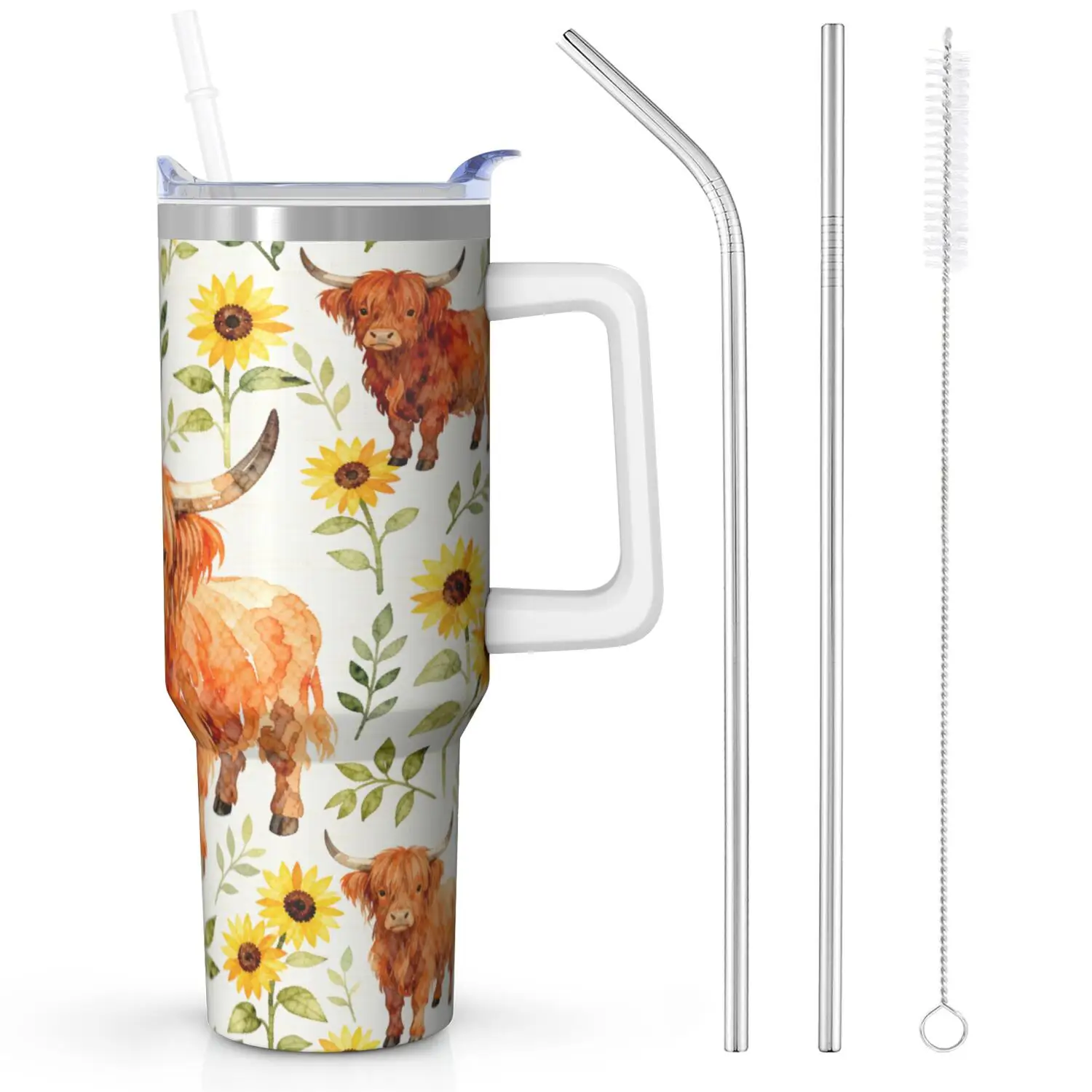Highland Cow Handle Cup with Straw Set, Can Hold Up to 40 Oz, Inner Layer Made of 304 Stainless Steel, Outer Layer Made of 201 Stainless Steel, Seamless Inner Liner, Lid Made of PC Material, Suitable for Home, Office, Outdoor, Sports, And Car Use