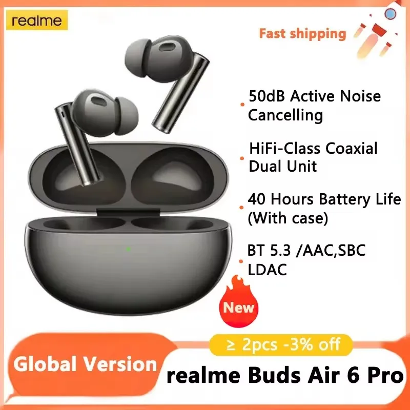 New realme Buds Air 6 Pro True Wireless Earphone 50dB Deep Sea Noise Reduction 2.0 Bluetooth 5.3 40 Hour Battery Life Headphone