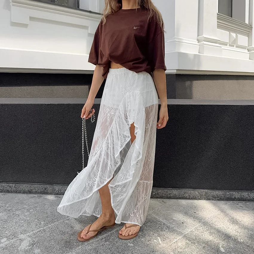 

Sweet Lace Perspective Ruffle Edge Irregular Split Skirt 2026 New Women's Clothing