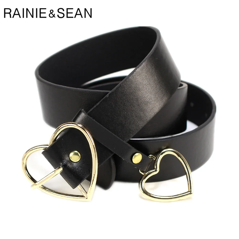 

RAINIE SEAN Waist Belts Women Loving Heart Pendant Golden Buckle Black Leather Women Belt High Fashion Waist Belt Pants 105cm