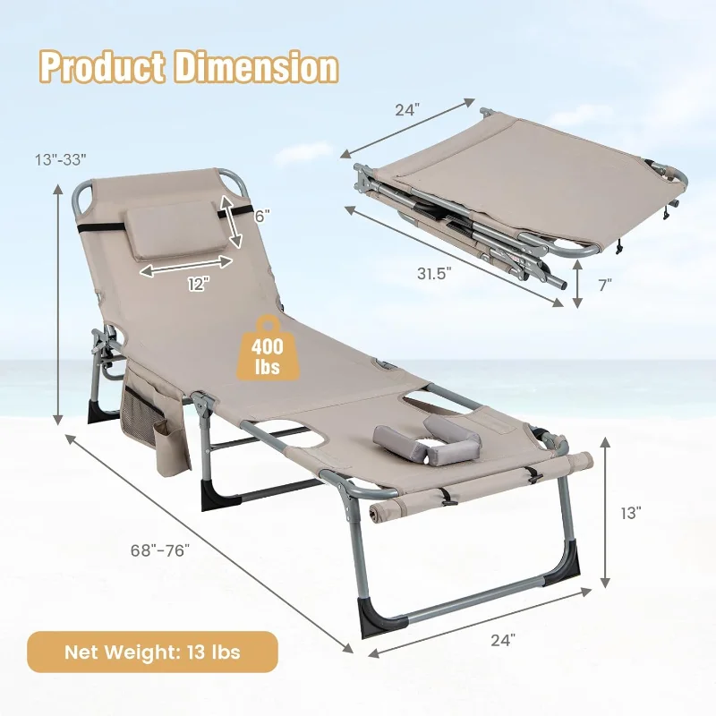 

GYMAX Tanning Chair, 400LBS Beach Lounge Chair with Face Arm Hole & Hand Shoulder Strap,Folding Face Down Outdoor Chaise Lounger