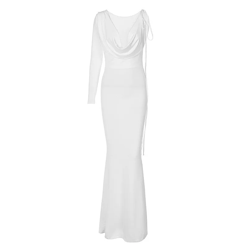 Black One Shoulder Long Sleeve Dress White Deep V Neck Dresses Tie Waist Maxi Dress Slim Fit Dress Mermaid Silhouette Draped