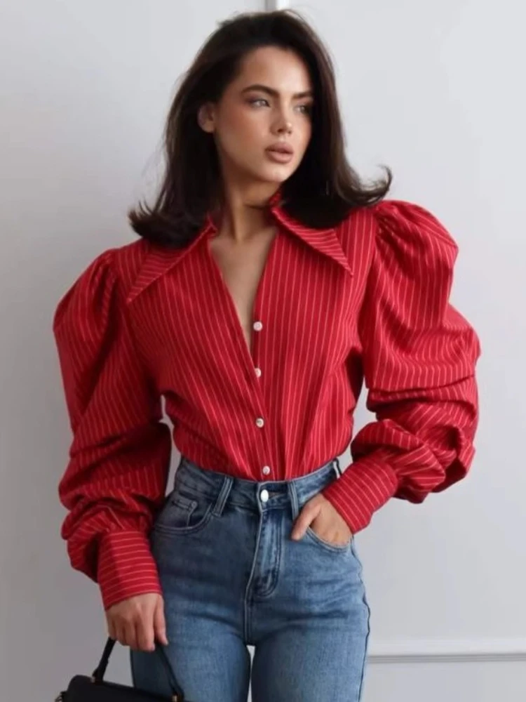 Chemise à rayures rouges vintage Y2K Kuclut pour femme, chemisier décontracté à manches lanternes boutonnée, hauts d'été pour le bureau 2026