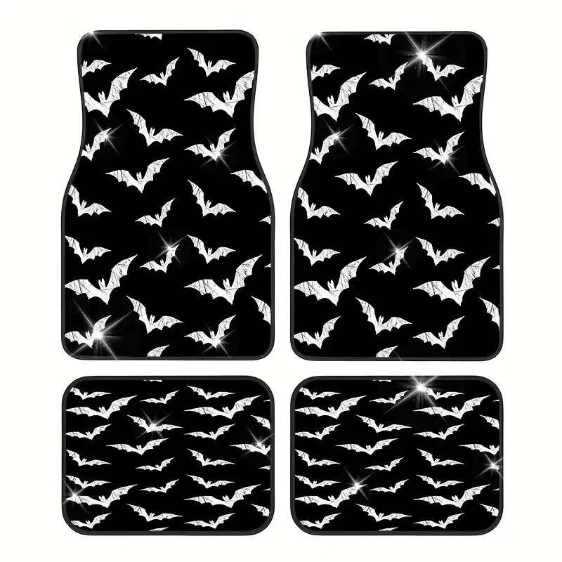 4pcs Bat Style Car Floor Mats- Black With White Bat Silhouettes, Durable, Fit For Front& Rear Seats, Stylish Interior Protection