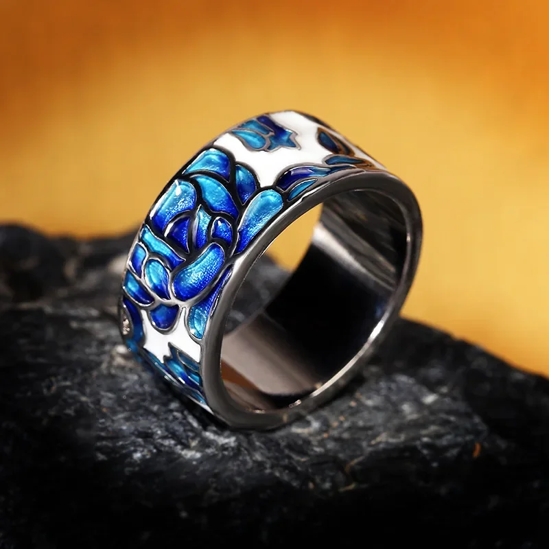 New Ladies Classic Epoxy Enamel Blue Flower Ladies Ring 925 Silver Ladies Jewelry Wedding Ring Bridal Jewelry Wide Silver Ring